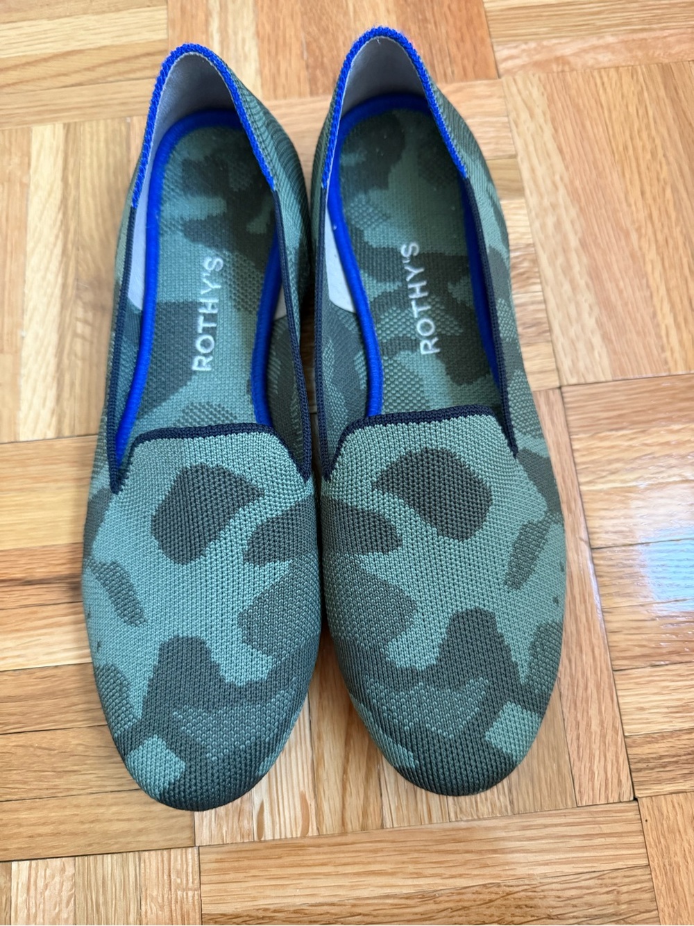 Rothy's Women’s Green Camo Slip-On Loafers with Blue Trim